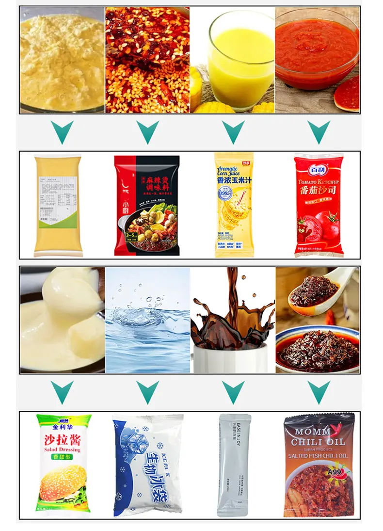 Máquina de Embalagem Vertical para Selagem e Enchimento de Líquidos em Sachês Pequenos de Mel, Suco, Óleo, Picolé, Ketchup, Pasta e Molho