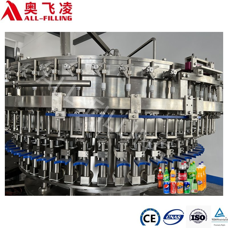 Linha de Produção de Bebidas Carbonatadas com Enchimento de Líquidos em Garrafas de Vidro de Grau Alimentício Tipo Rotativo 3in1 Lavagem, Enchimento, Tampagem, Embalagem, Enlatamento, Selagem