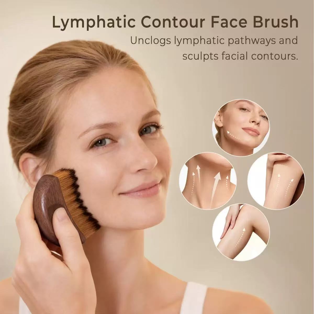 2026 New Arrival Portable Lymphatic Contour Cheek Brush Wood Handle Anti-Puffiness Massage Tool for Makeup