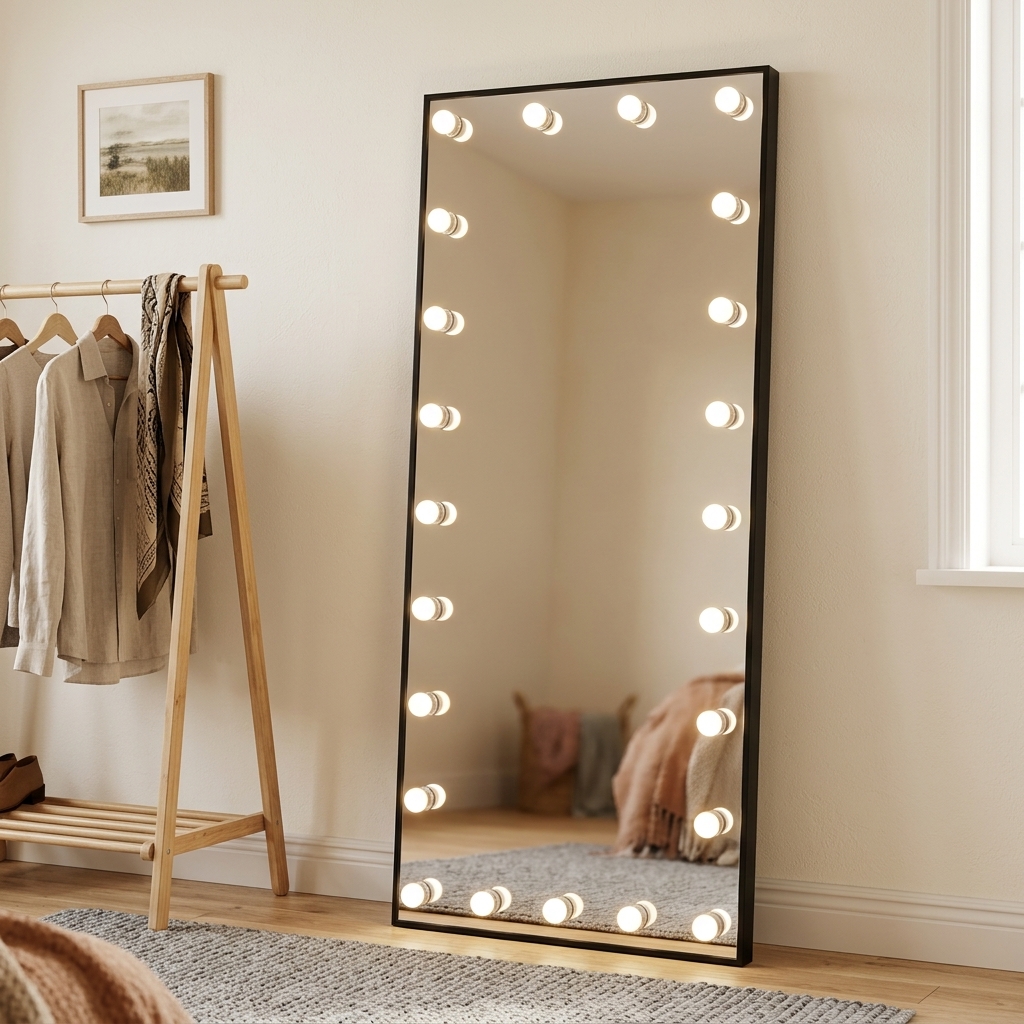 Slim Black Aluminum Frame Full Length Lighted Makeup Mirror Professional Floor Standing LED Bulb Vanity Mirror for Dressing Room