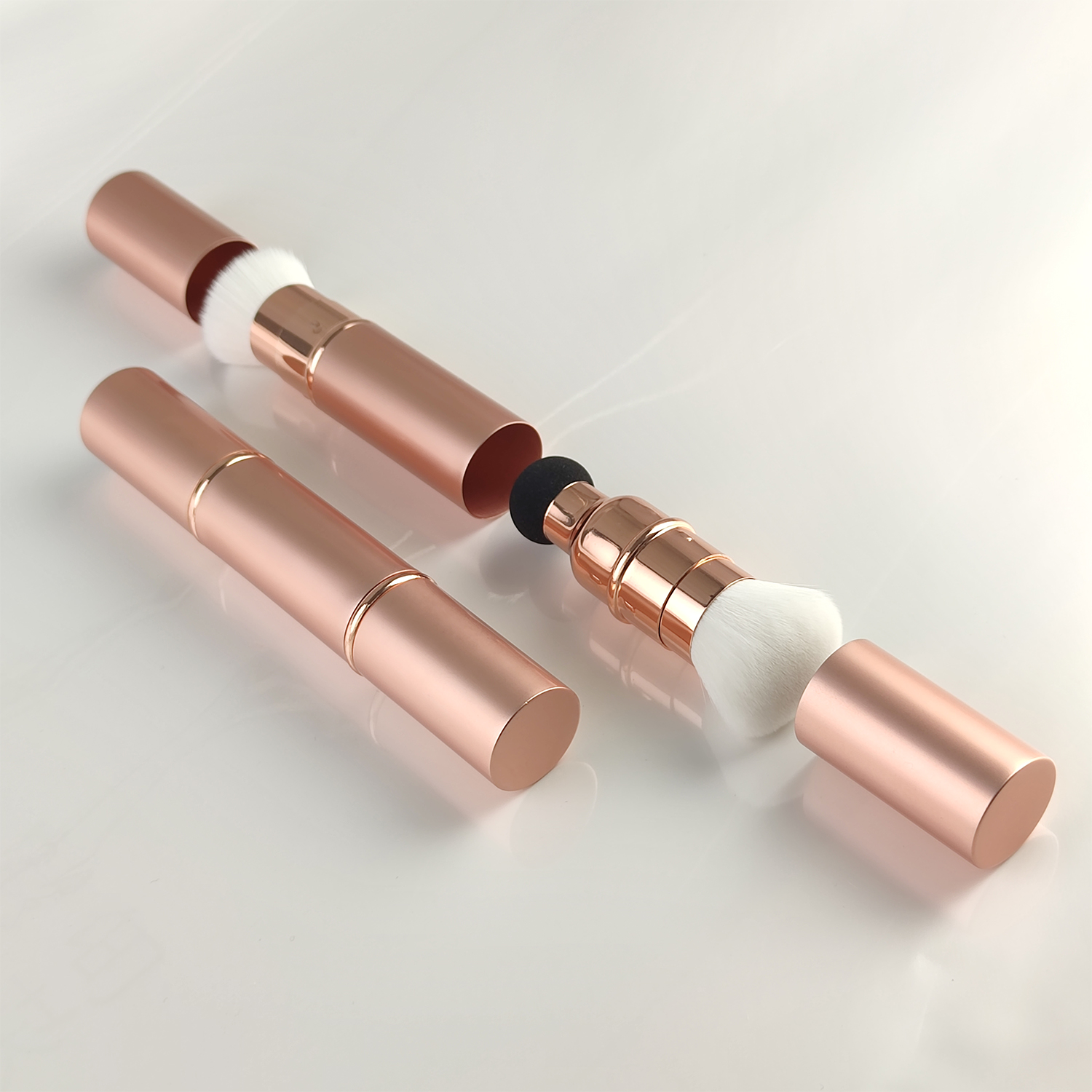 Gracedo Gold Retractable Kabuki Wood Handle Makeup Brush-Travel Three Ended Foundation Powder Blush &amp; Concealer Brush Cap