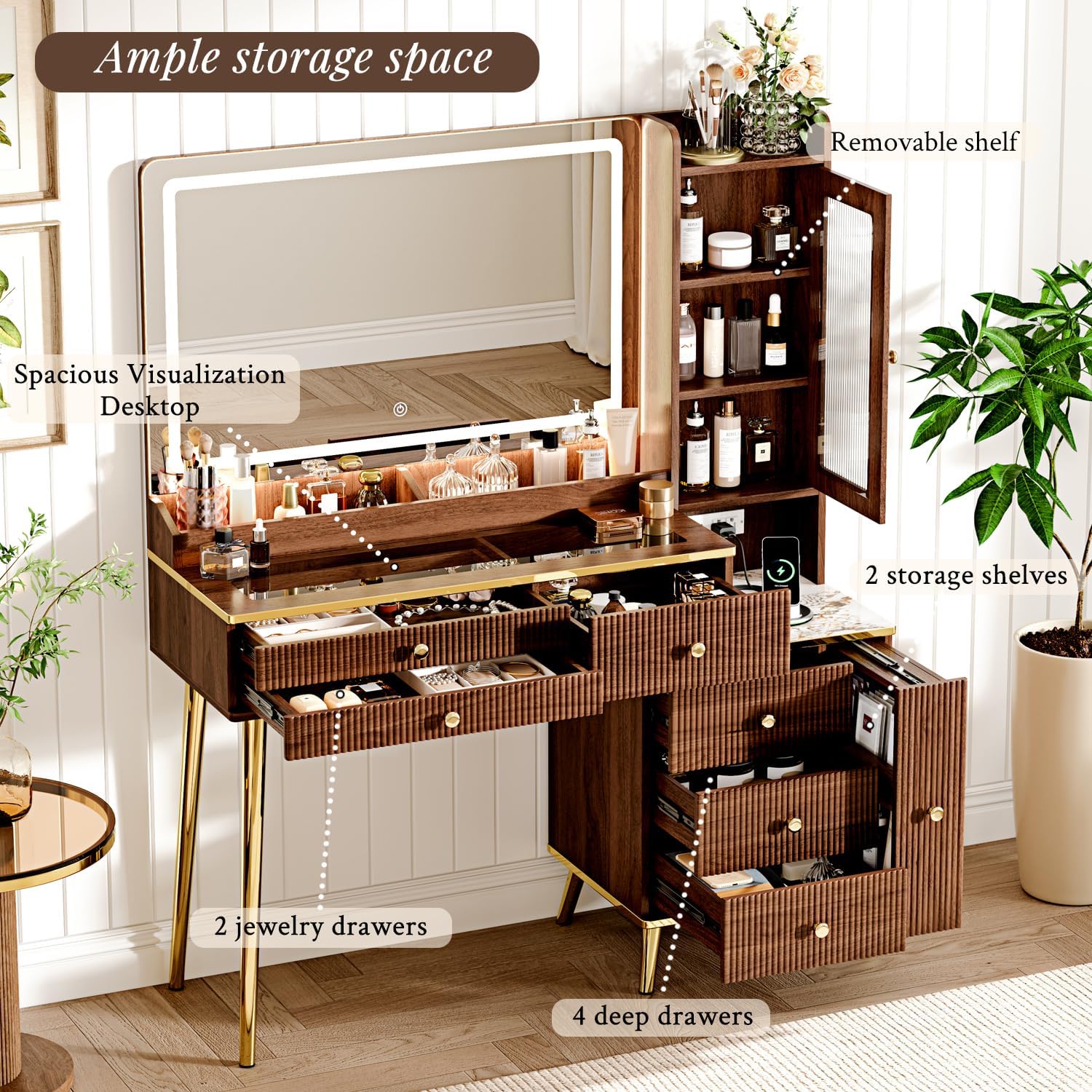 Vanity Desk With 29.53" HD Lighted Mirror, 47.24" Big Modern Vanity Desk With Mirror And Lights, Makeup Vanity With 5 Drawers