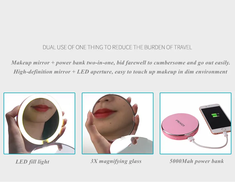LED Compact Mirror Rechargeable 1X/10X Magnification Dimmable Travel Makeup Mirror Handbag Handheld Double Sided Mirror