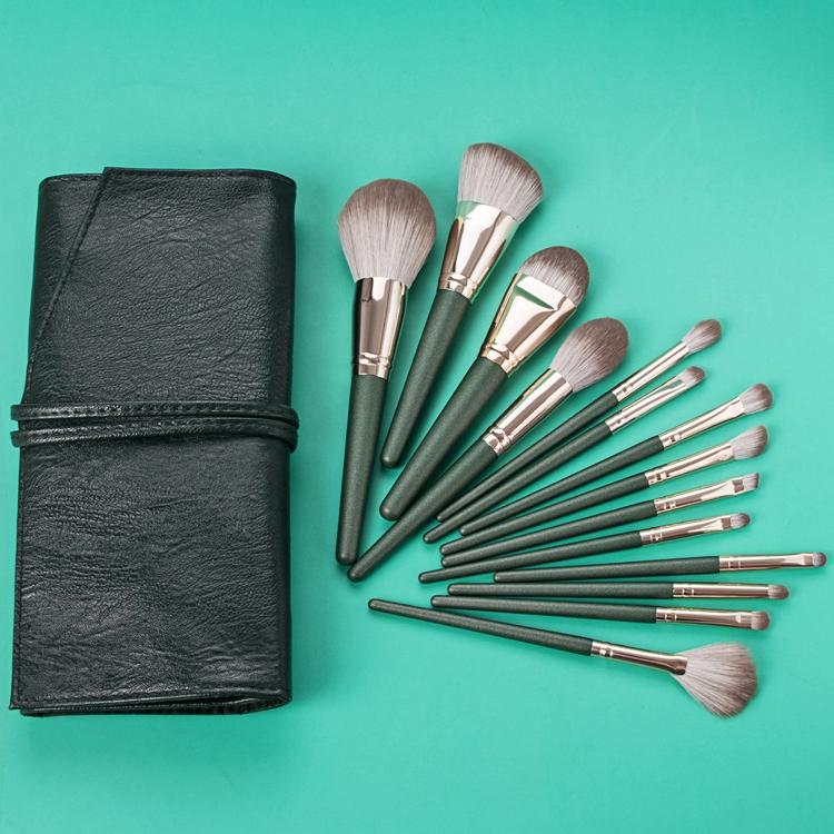 New High Quality 14PCS Green Synthetic Hair Fashion Foundation Eyebrow Eyelash Makeup Brushes Set Custom Logo