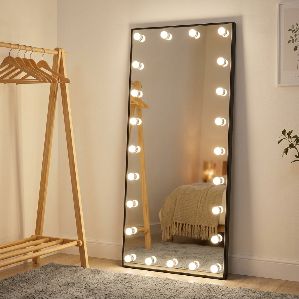 Slim Black Aluminum Frame Full Length Lighted Makeup Mirror Professional Floor Standing LED Bulb Vanity Mirror for Dressing Room