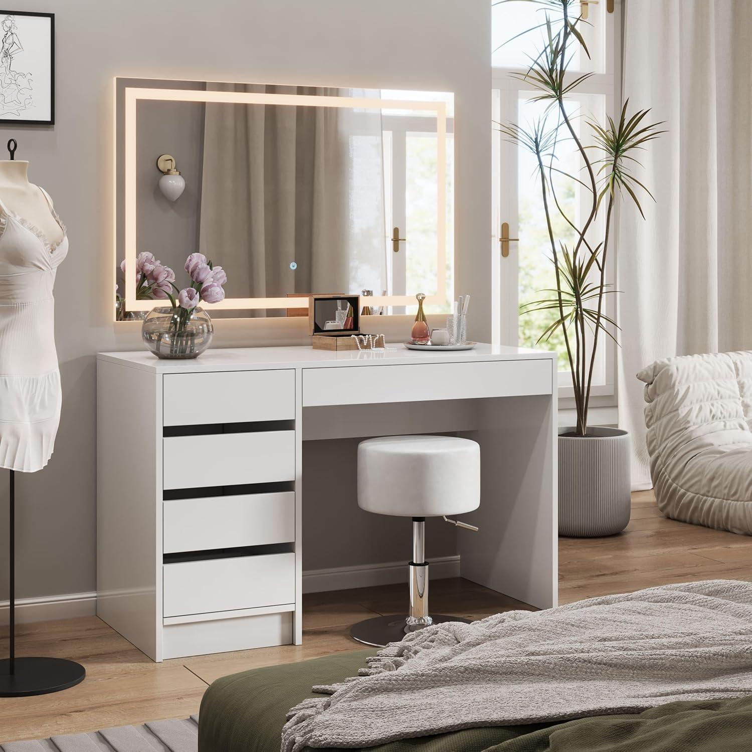 Modern White Dressing Table LED Mirror Storage Drawers Wood Bedroom Makeup Vanity Table With Lighted Mirror