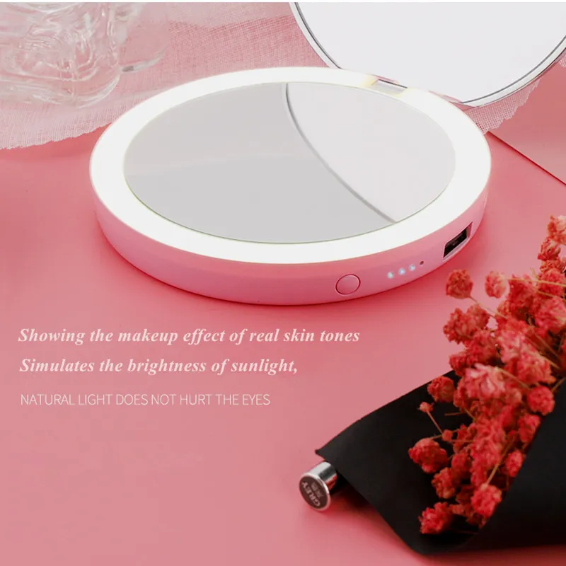 LED Compact Mirror Rechargeable 1X/10X Magnification Dimmable Travel Makeup Mirror Handbag Handheld Double Sided Mirror