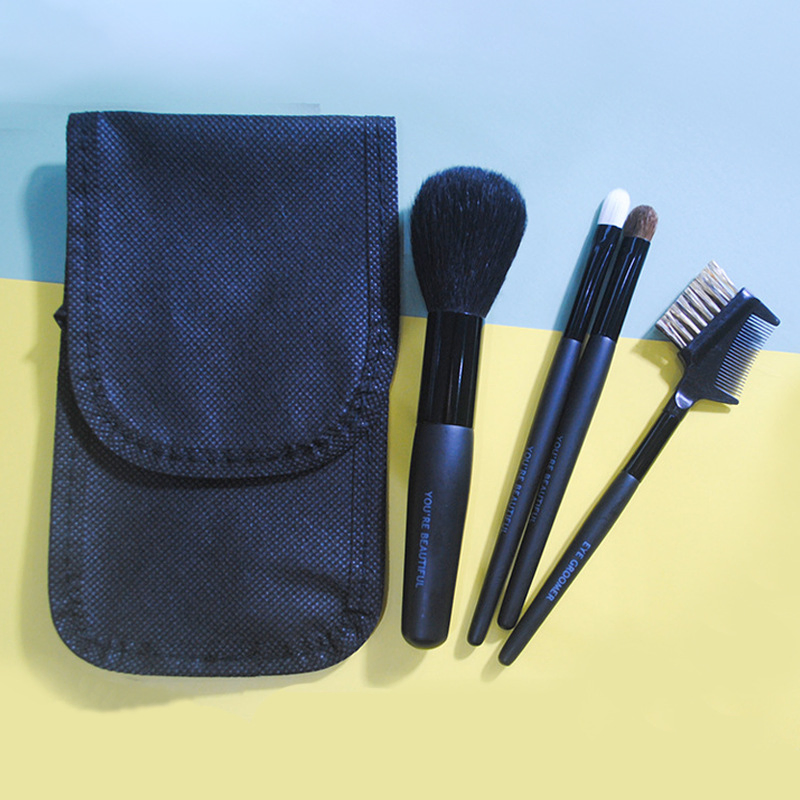 Beautichen 4PCS Natural Goat Hair Wood Handle Clearance Brush Set - Portable Mini Powder/Eyeshadow/Brow Brushes with Pouch, Factory Direct Wholesale