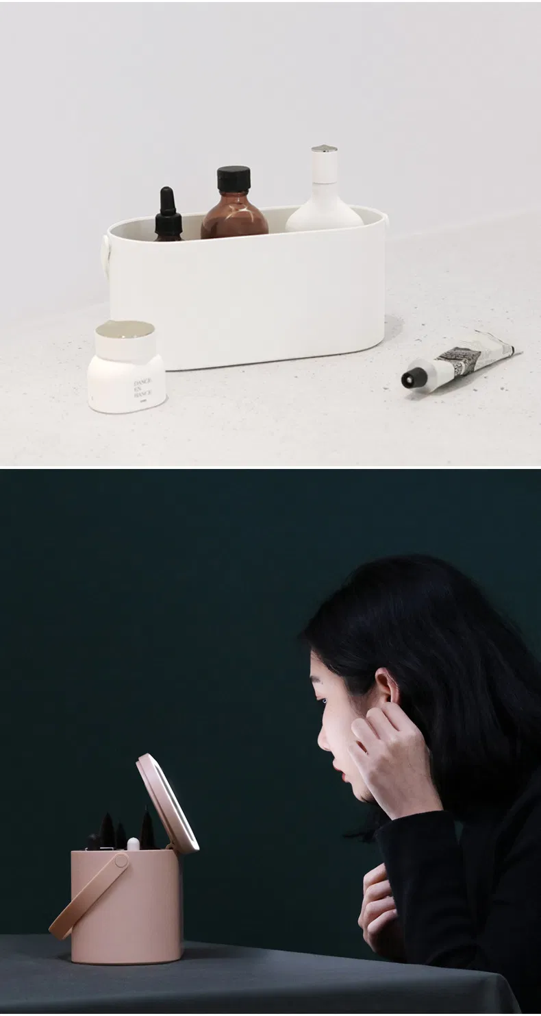 Portable Travel Foldable Smart Touch LED Light Cosmetic Mirror with Handheld Plastic Makeup Organizer Box