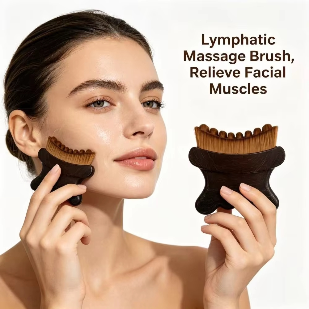 Ergonomic Shape Lymphatic Face Contour Massage Curved Handle Storage Case Wood Grain Look Plastic Easy Hold Concealer Compatible