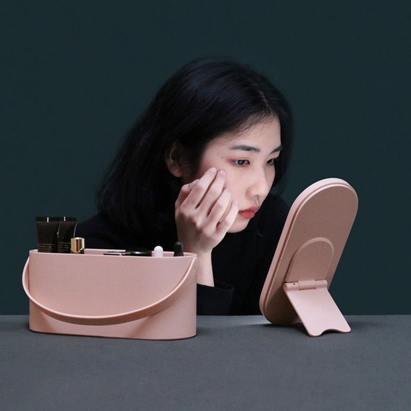 Portable Travel Foldable Smart Touch LED Light Cosmetic Mirror with Handheld Plastic Makeup Organizer Box