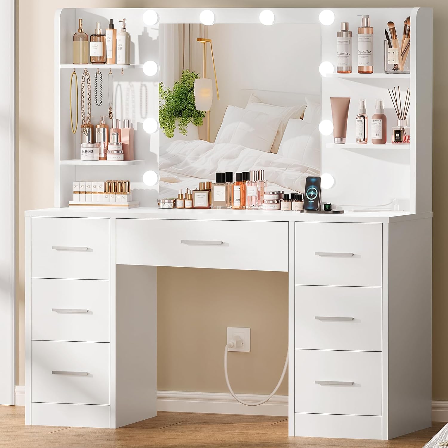 Wholesale Modern Large Vanity Desk With LED Lighted Mirror And Power Outlet