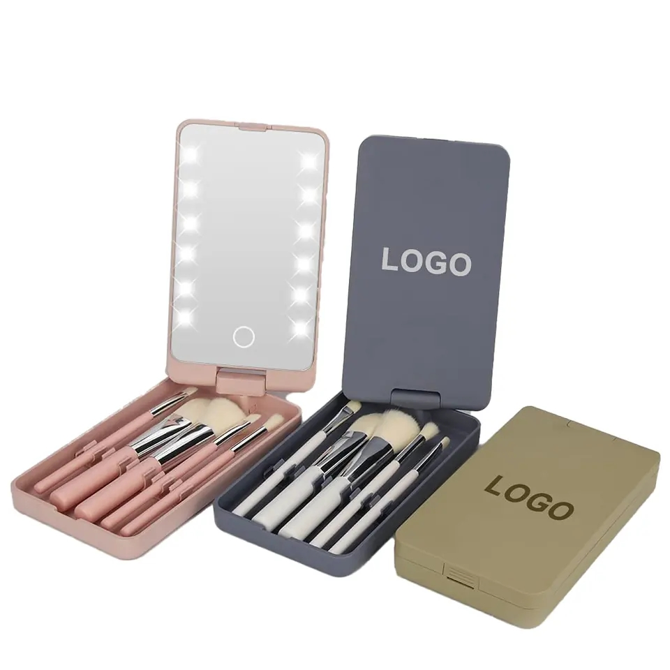 360 Degree Folding Travel Mirror with LED Lights and 5 Make up Brushes