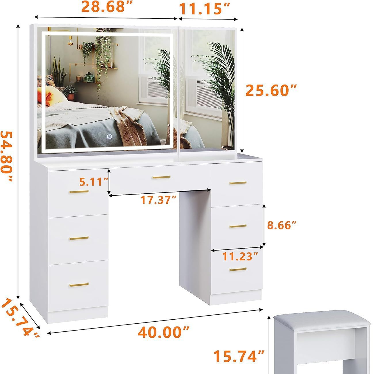 Modern White Bathroom Vanity Set With LED Mirror 7 Drawers Frame Wholesale Dressing Table Stool Furniture