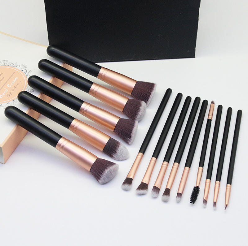 YDINI 14 Pcs Black Kabuki Cosmetics Foundation Professional Make up Brushes Natural Wood Handle Makeup Brush Set With PU Bag
