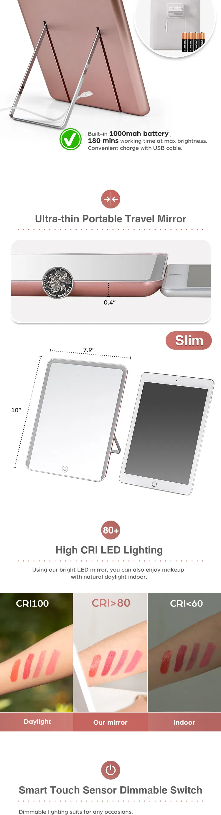 Ultra Thin Table Portable Makeup LED Slim Vanity Mirror for Travel