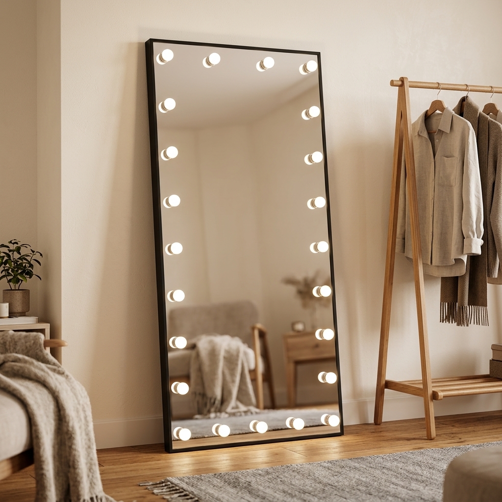 Slim Black Aluminum Frame Full Length Lighted Makeup Mirror Professional Floor Standing LED Bulb Vanity Mirror for Dressing Room