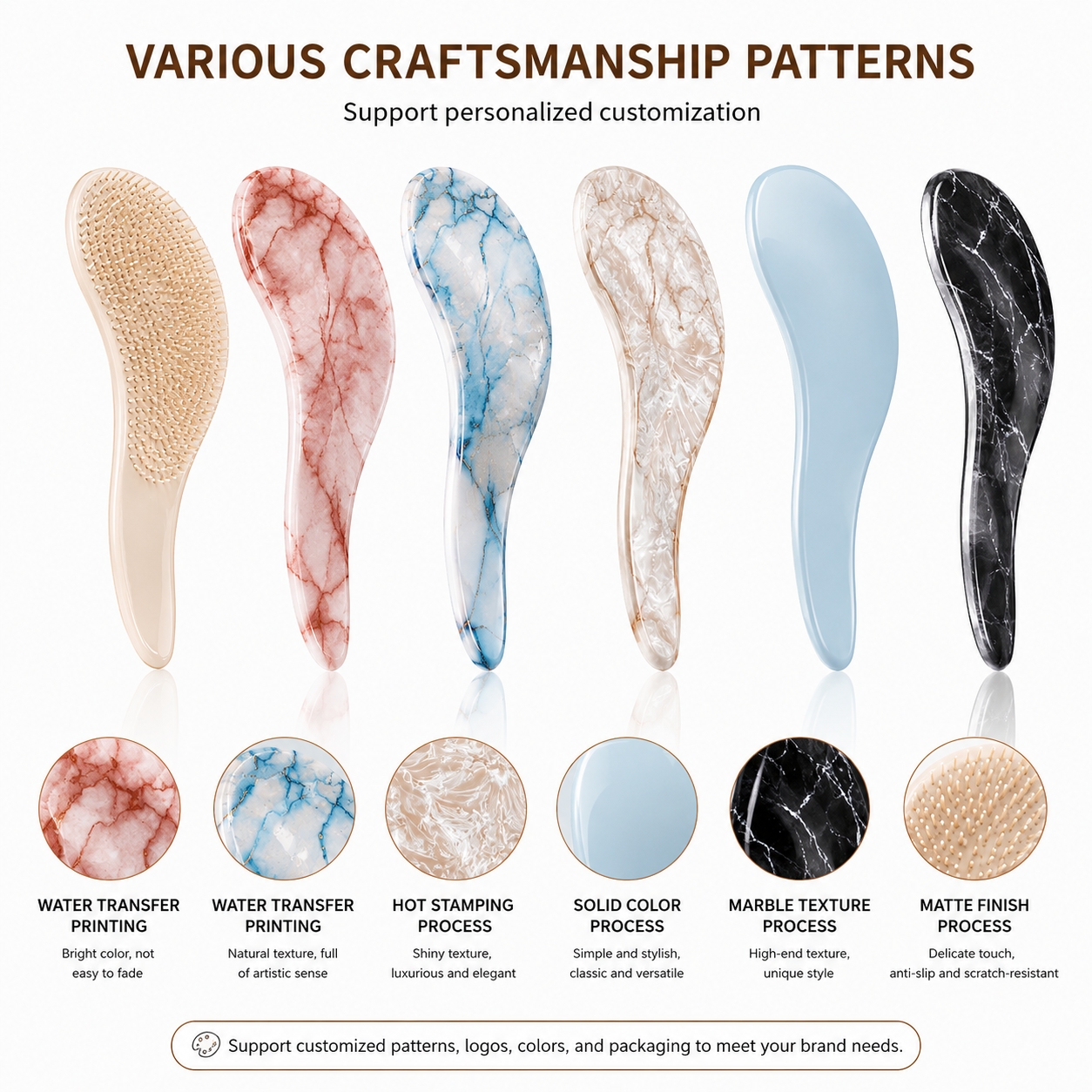 Custom Logo Detangling Hair Brush OEM TPEE Bristle Electroplating Water Transfer Printing Hair Brush Private Label Wholesale