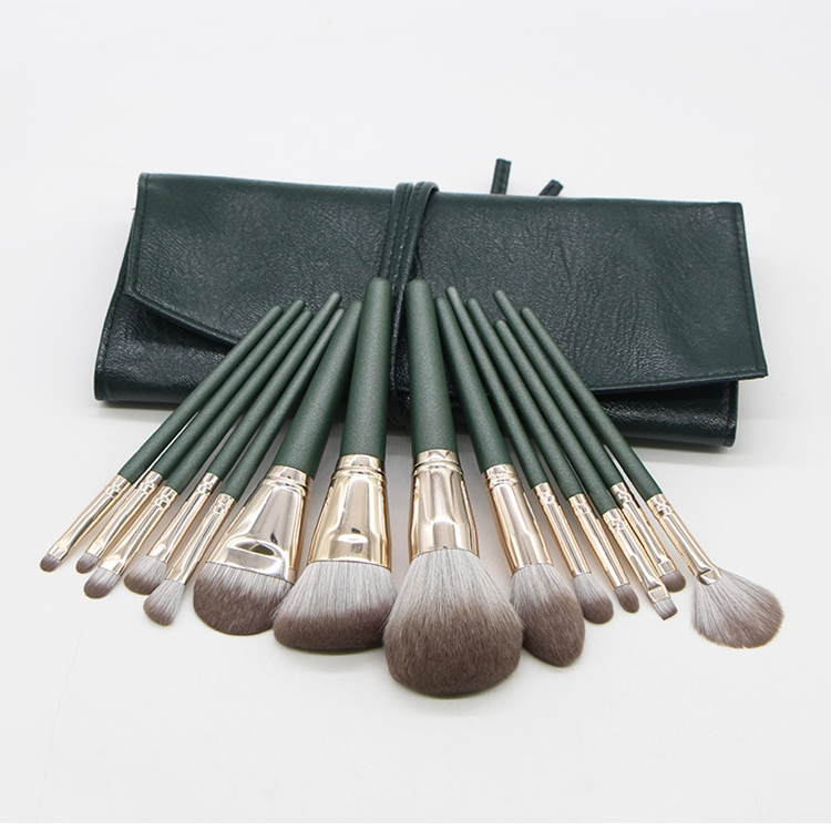 New High Quality 14PCS Green Synthetic Hair Fashion Foundation Eyebrow Eyelash Makeup Brushes Set Custom Logo