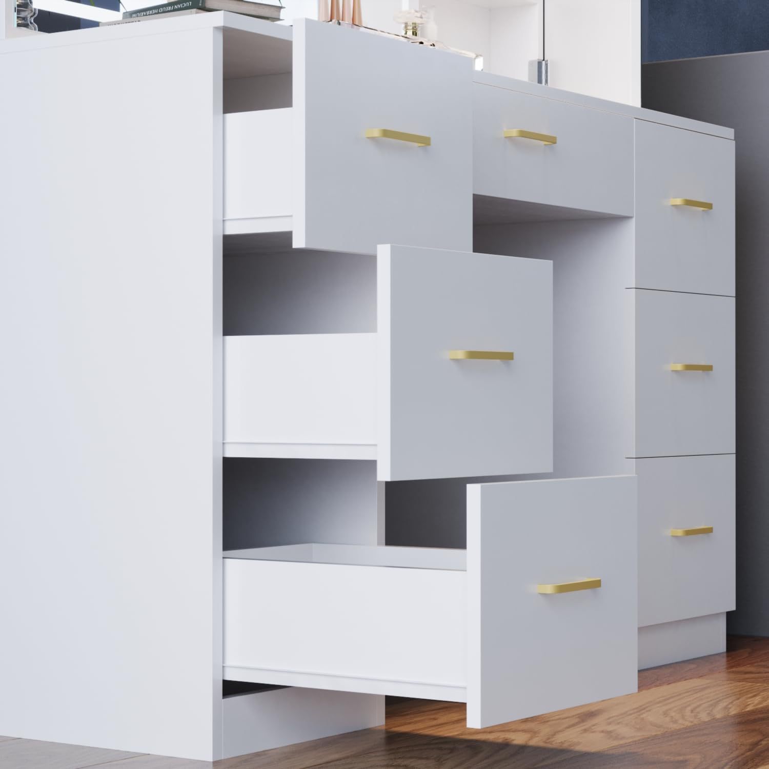 Modern White Bathroom Vanity Set With LED Mirror 7 Drawers Frame Wholesale Dressing Table Stool Furniture