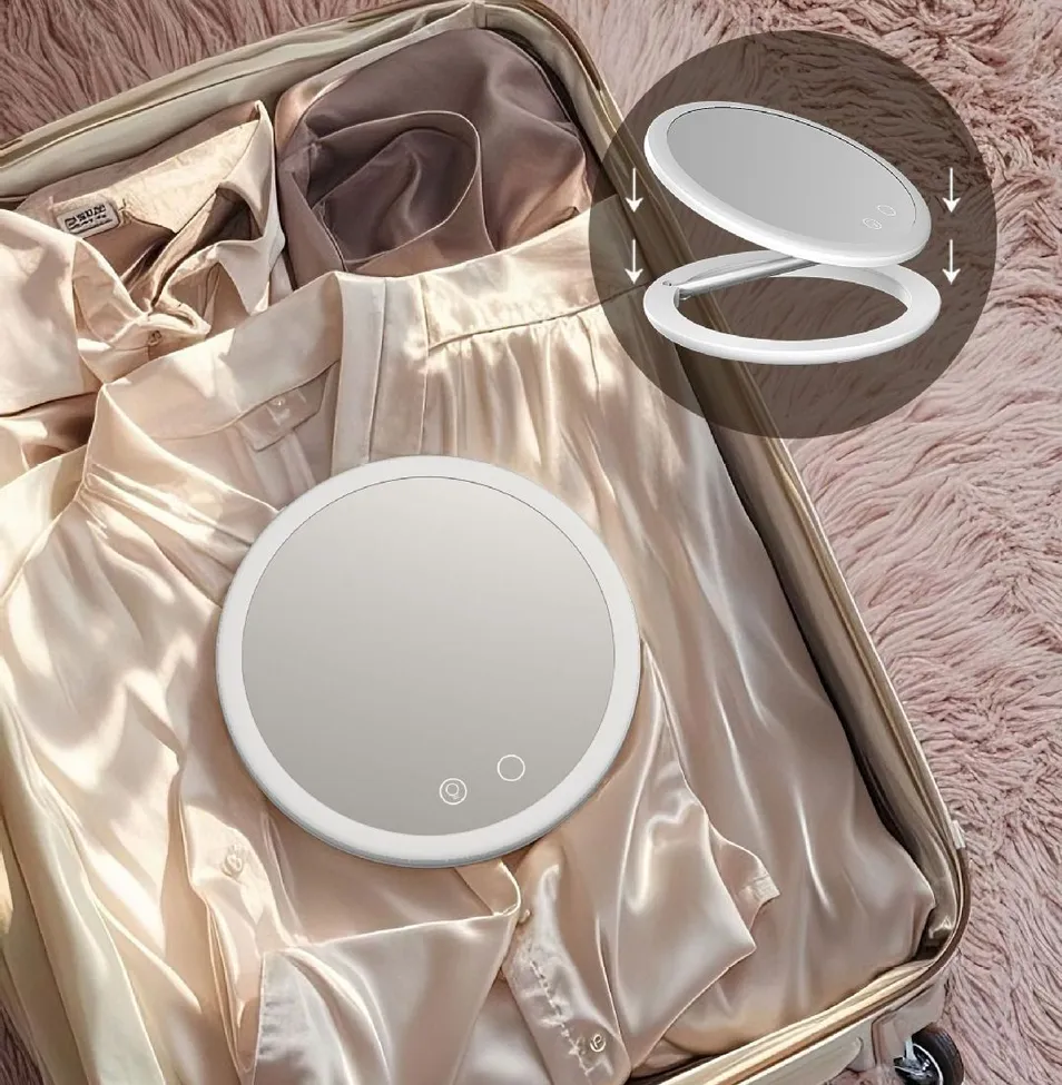 Hot-Sell Rotatable Foldable Travel LED Makeup Mirror - 3-Color Stepless Dimming, Magnetic Attachment, USB Rechargeable