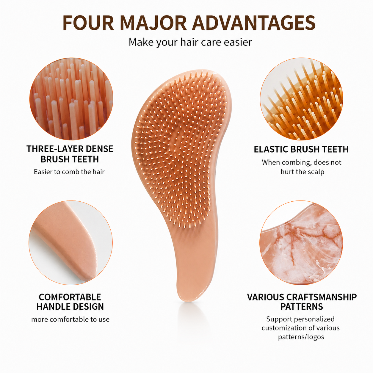 Custom Logo Detangling Hair Brush OEM TPEE Bristle Electroplating Water Transfer Printing Hair Brush Private Label Wholesale