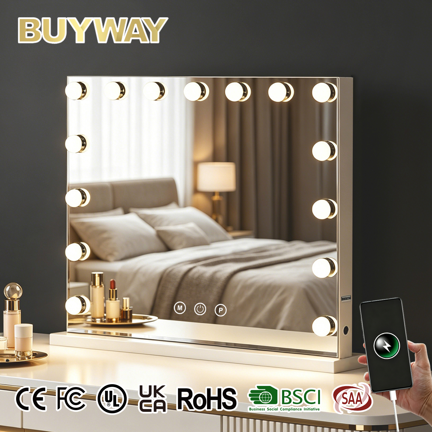 Star Light Mirror With Phone Charging, 15 LED Bulbs Holly Wood Mirror Desktop Smart Glass Rectangular Vanity Mirror Espejo