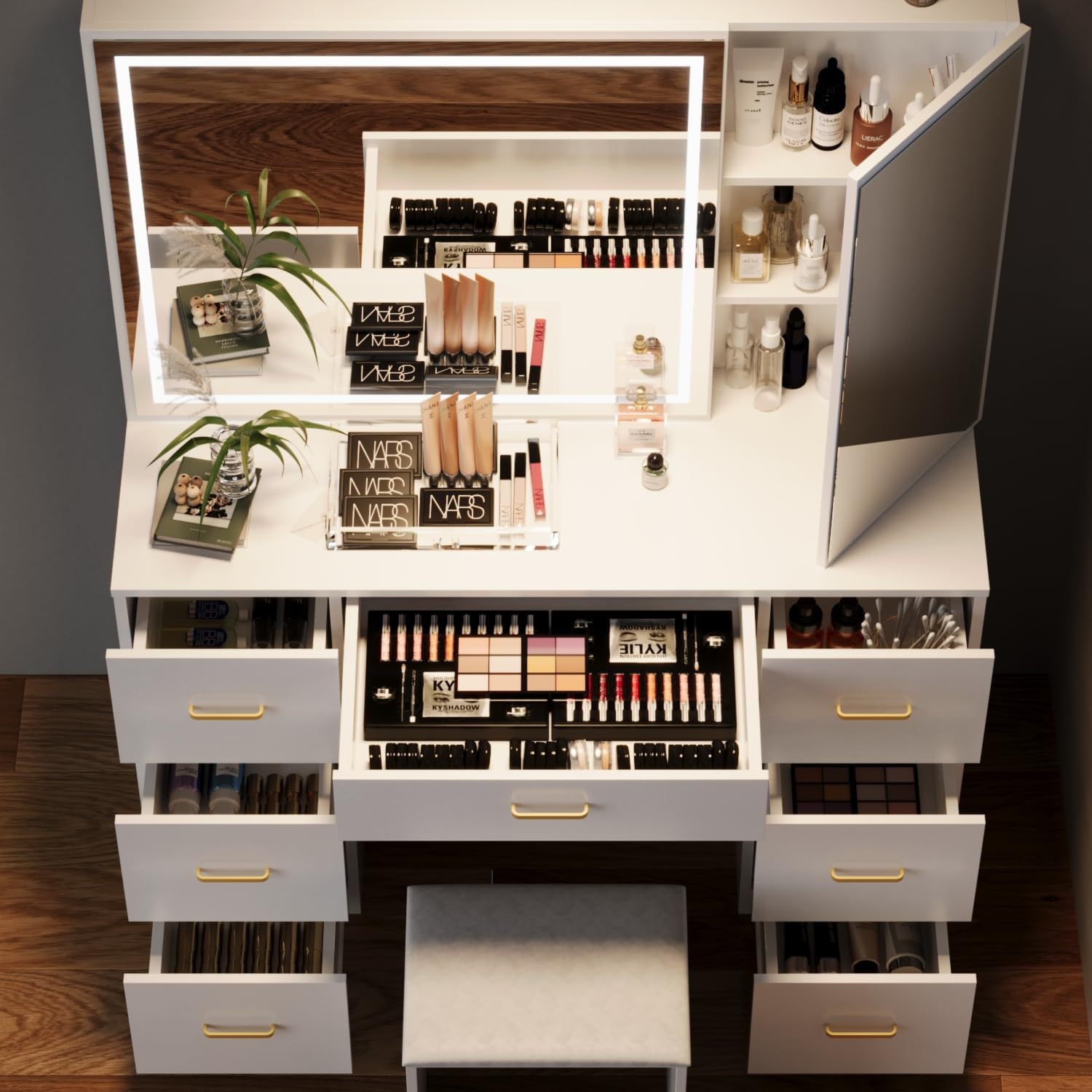 Modern White Bathroom Vanity Set With LED Mirror 7 Drawers Frame Wholesale Dressing Table Stool Furniture