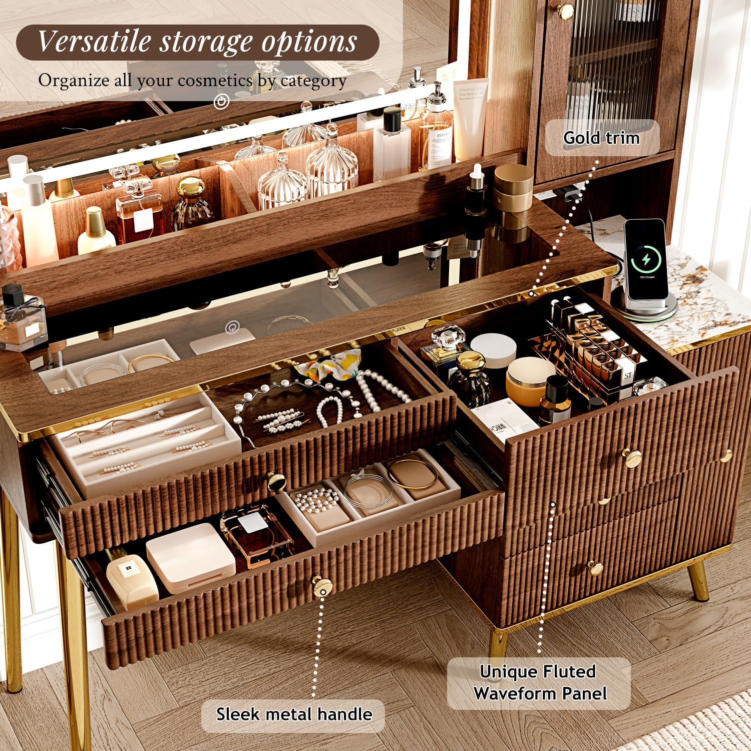 Vanity Desk With 29.53" HD Lighted Mirror, 47.24" Big Modern Vanity Desk With Mirror And Lights, Makeup Vanity With 5 Drawers