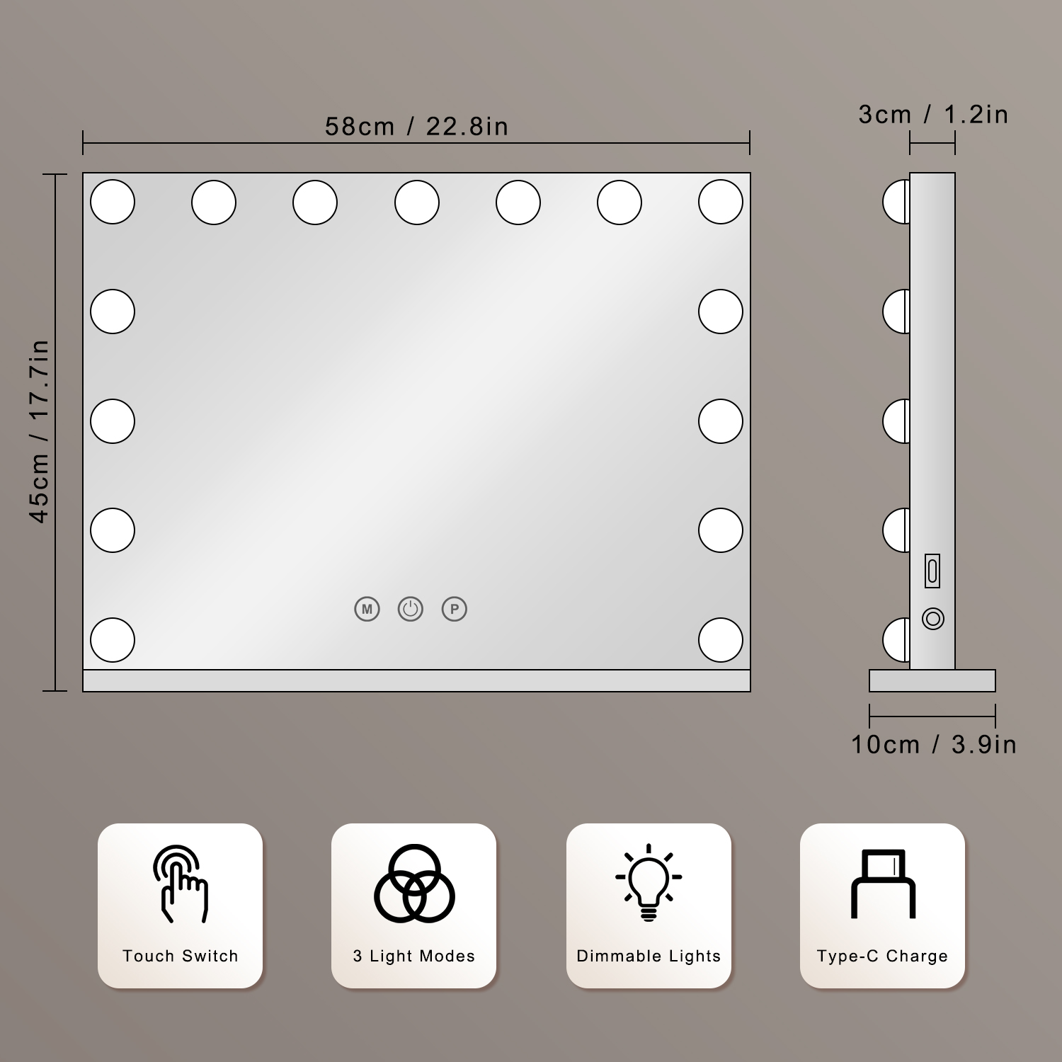 Star Light Mirror With Phone Charging, 15 LED Bulbs Holly Wood Mirror Desktop Smart Glass Rectangular Vanity Mirror Espejo