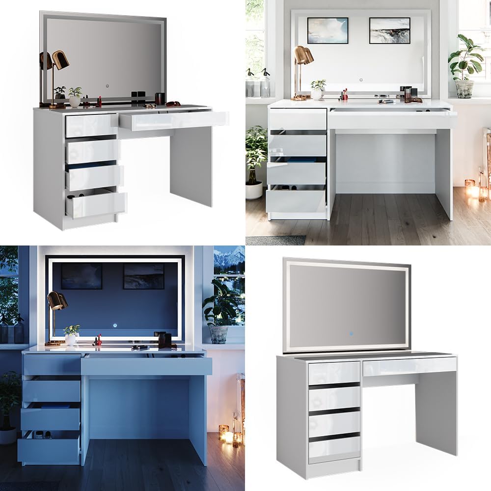 Modern White Dressing Table LED Mirror Storage Drawers Wood Bedroom Makeup Vanity Table With Lighted Mirror