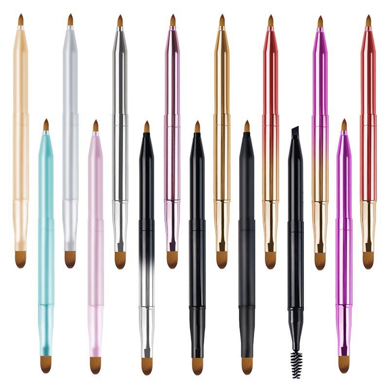 Colorful Portable Telescopic Metal Handle Double Ended Lipstick and Single Lip Brush Cap Travel Mini Makeup Brush