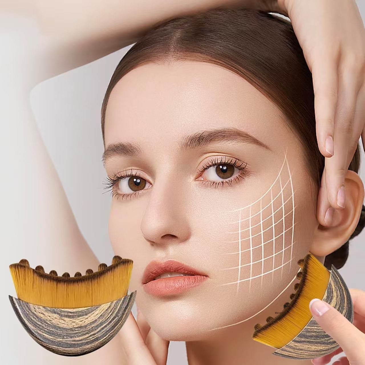Lymphatic Contour Crescent-Shaped Face Brush with Synthetic Fiber and Plastic Handle for Facial Massage and Care