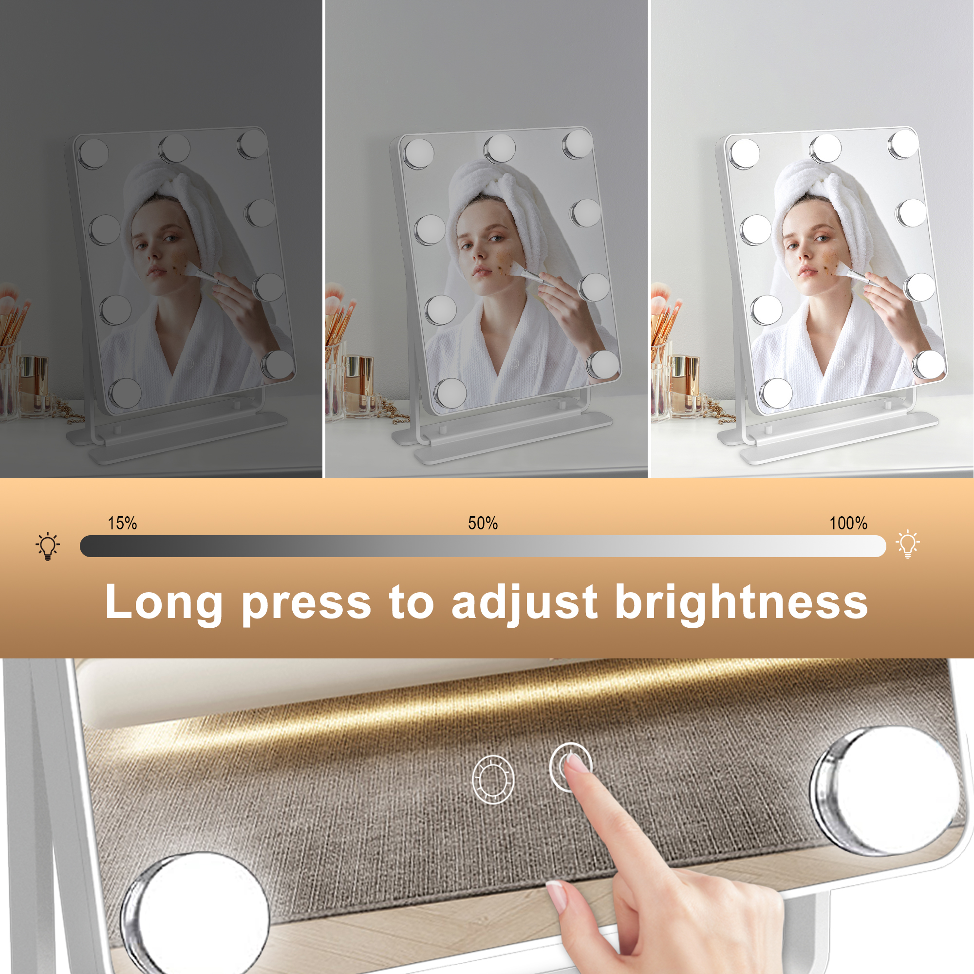 For Hollywood USB Powered Large Lighted Desktop Vanity Mirror 3 Color 9 Dimmable LED Lights Smart Touch Control Cosmetic Mirror