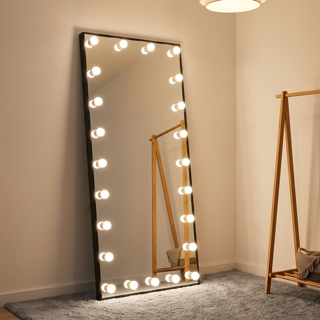 Slim Black Aluminum Frame Full Length Lighted Makeup Mirror Professional Floor Standing LED Bulb Vanity Mirror for Dressing Room