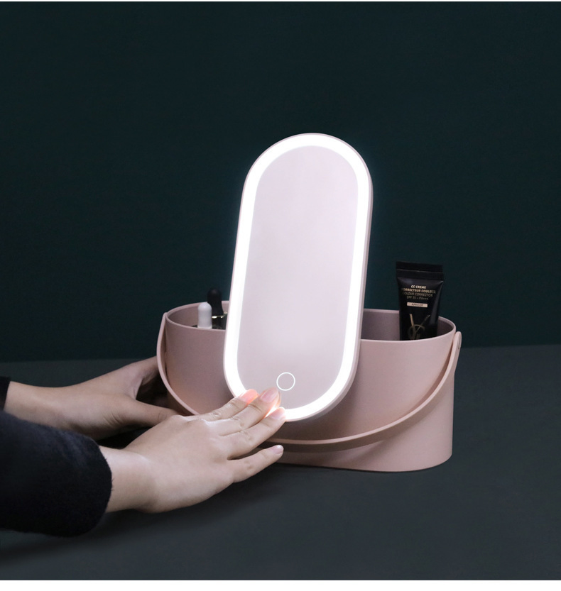 Portable Travel Foldable Smart Touch LED Light Cosmetic Mirror with Handheld Plastic Makeup Organizer Box