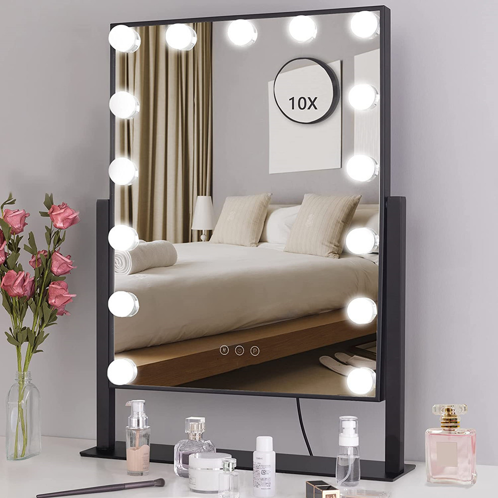 Vanity Mirror with Lights and Magnification Hollywood Makeup Mirror with 15pcs Dimmable LED Dressing Room Tabletop Mirror