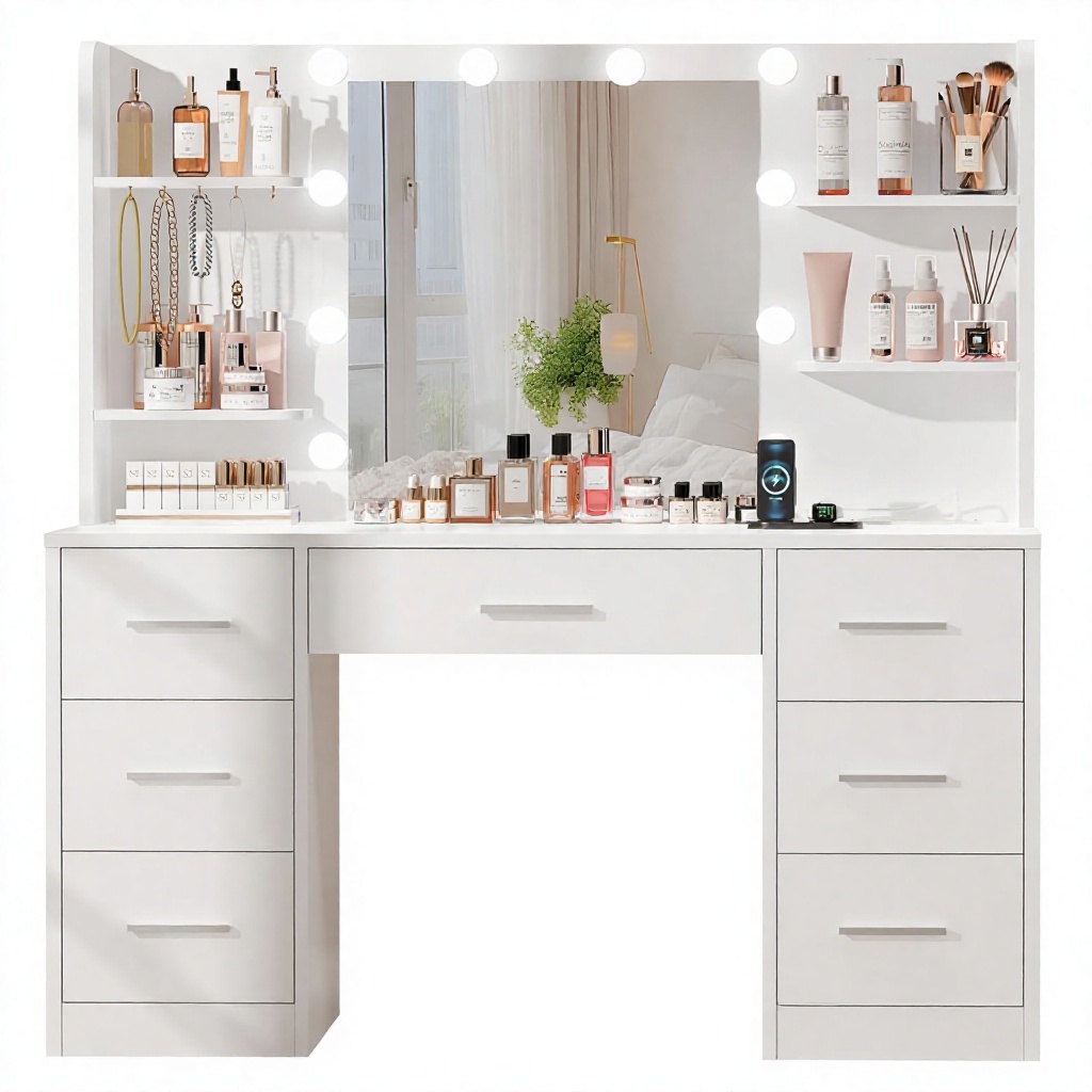 Wholesale Modern Large Vanity Desk With LED Lighted Mirror And Power Outlet