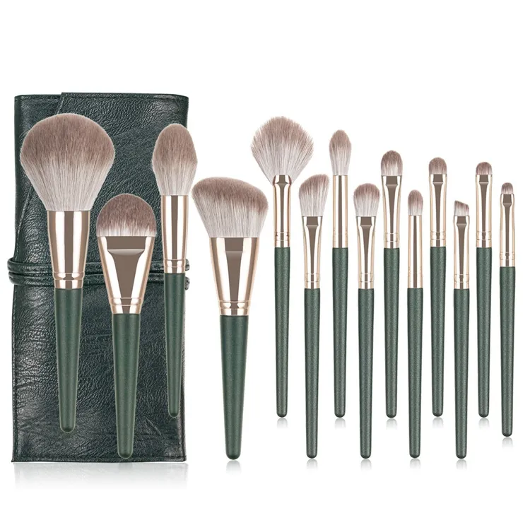 New High Quality 14PCS Green Synthetic Hair Fashion Foundation Eyebrow Eyelash Makeup Brushes Set Custom Logo