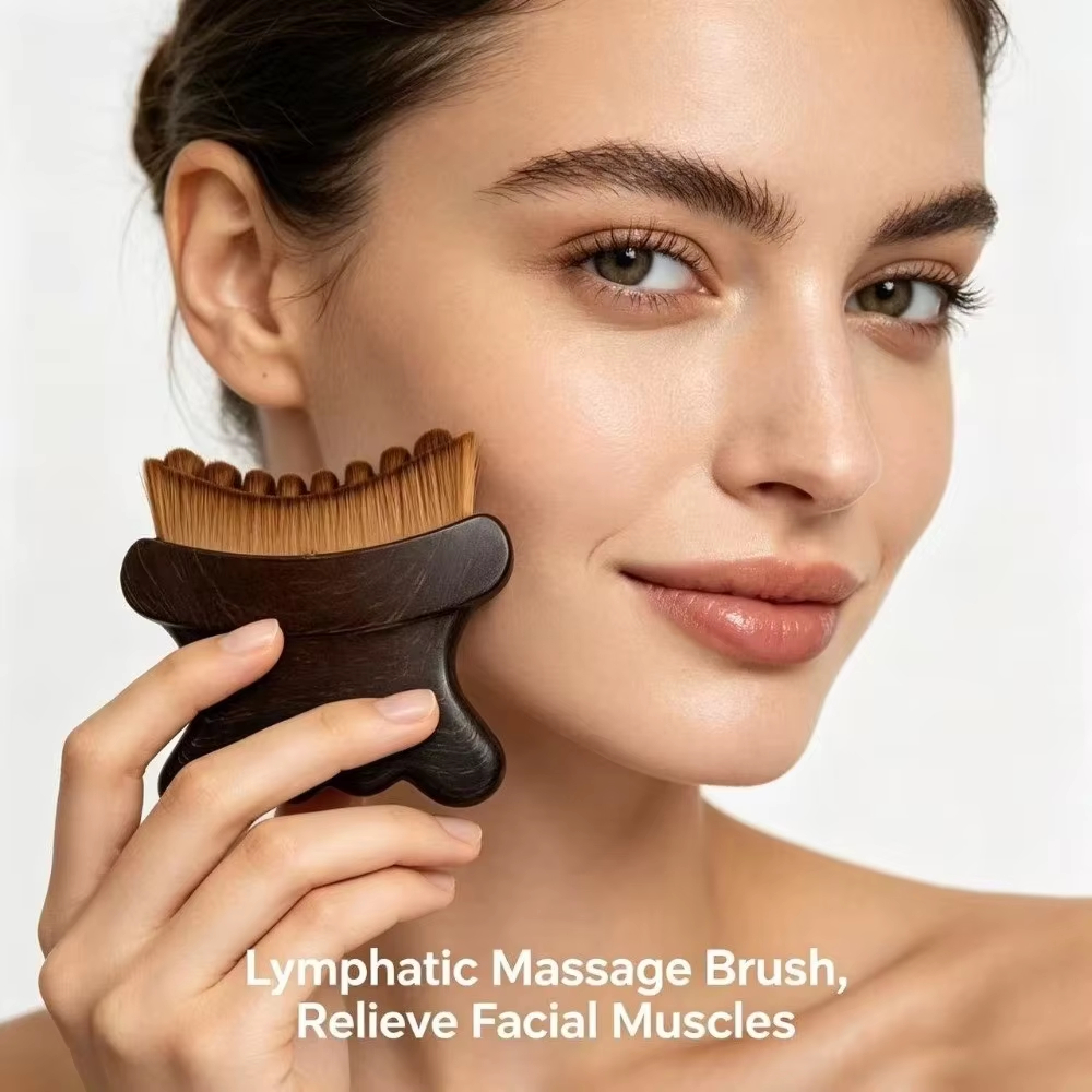 Ergonomic Shape Lymphatic Face Contour Massage Curved Handle Storage Case Wood Grain Look Plastic Easy Hold Concealer Compatible