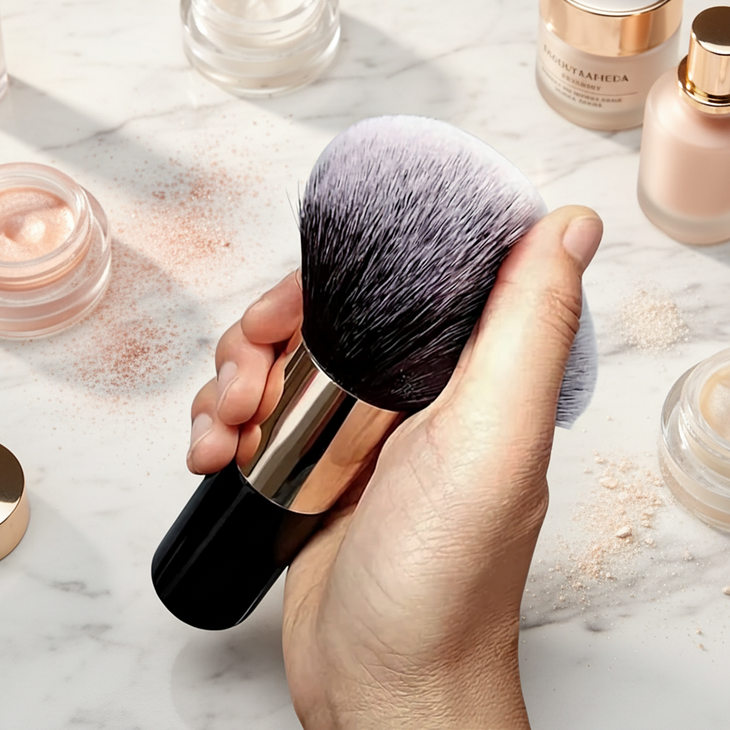 Portable Blush Brush with Synthetic Hair Aluminum Ferrule and Plastic Handle for Face Makeup &amp; Shaving Brush Use