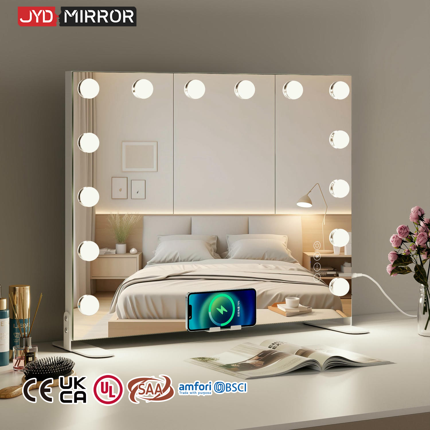 Wholesale Cosmetic 3 Colors Lighting Modes Type C Large 58x46cm Makeup Adjustable Brightness 14 G35 Bulbs With LED Vanity Mirror