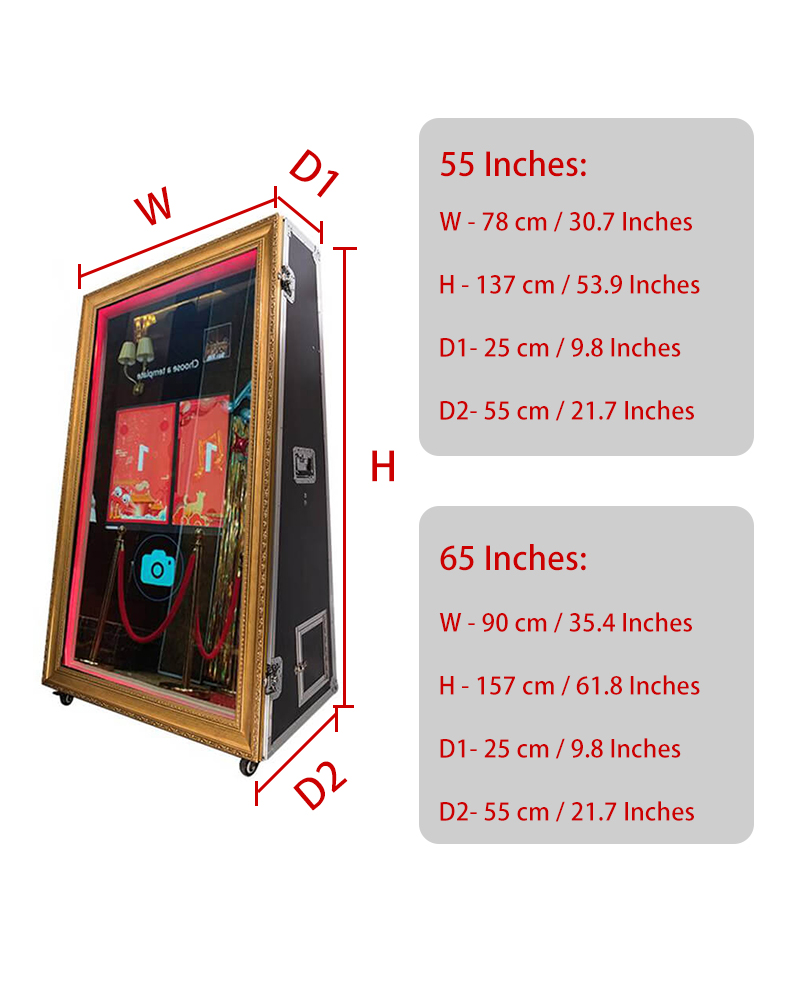TOPS 55" And 65" Magic Mirror Photo Booth Machine Basic Set With Printer And Camera LED Frame HD TV With Travel Case