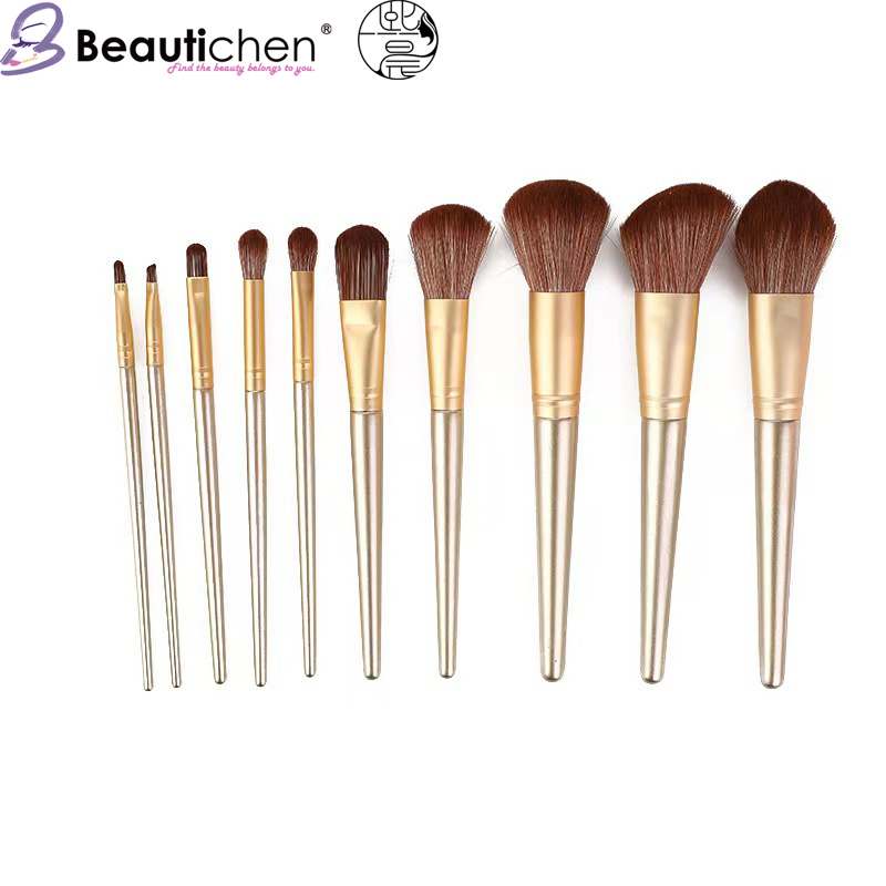 Beautichen 10PCS Gold Makeup Brushes Set - Wood Handle Soft Powder Highlighter Lip Concealer Cosmetic Brushes Bulk OEM