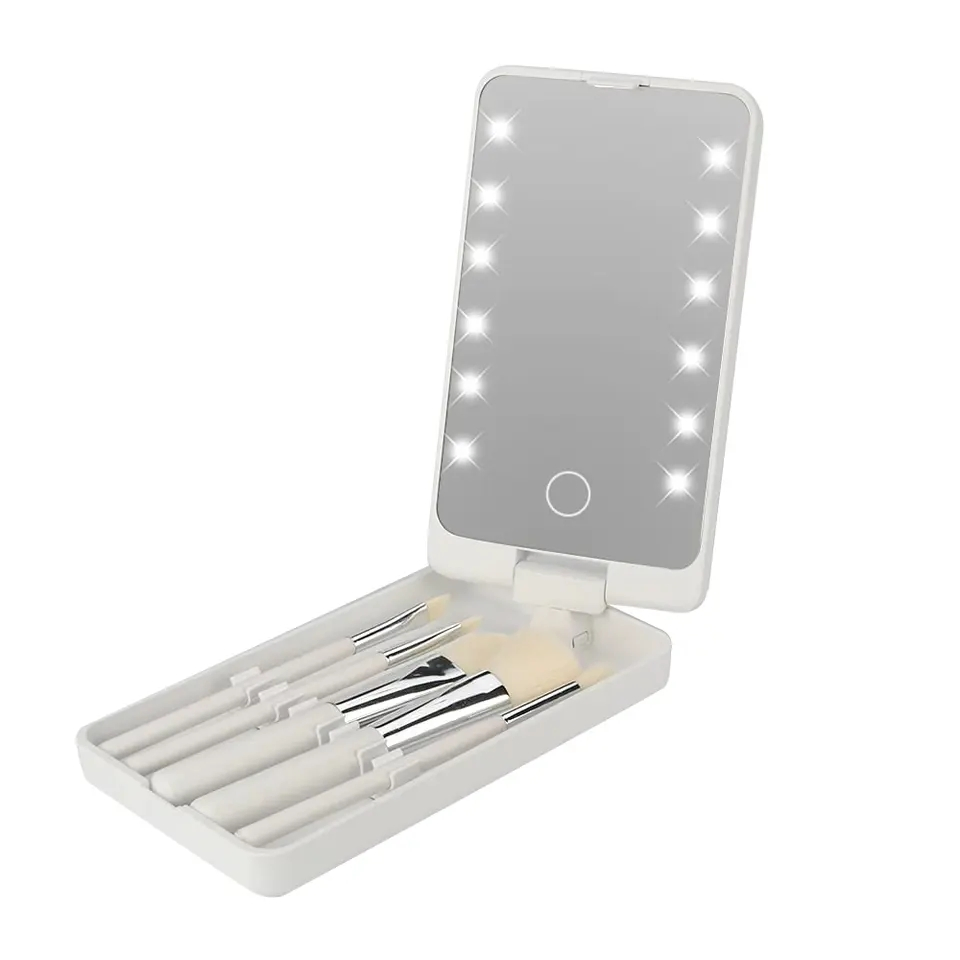 360 Degree Folding Travel Mirror with LED Lights and 5 Make up Brushes