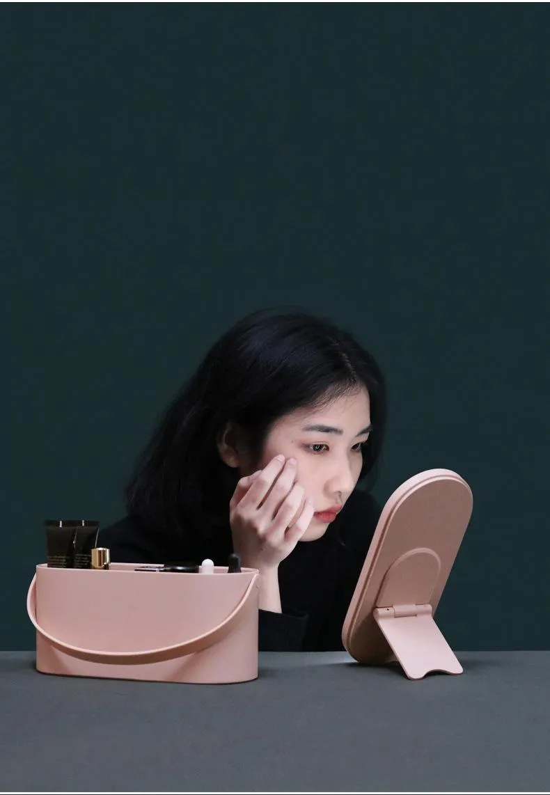 Portable Travel Foldable Smart Touch LED Light Cosmetic Mirror with Handheld Plastic Makeup Organizer Box