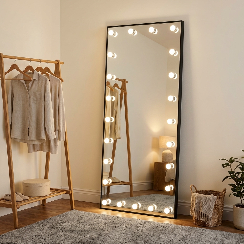 Slim Black Aluminum Frame Full Length Lighted Makeup Mirror Professional Floor Standing LED Bulb Vanity Mirror for Dressing Room