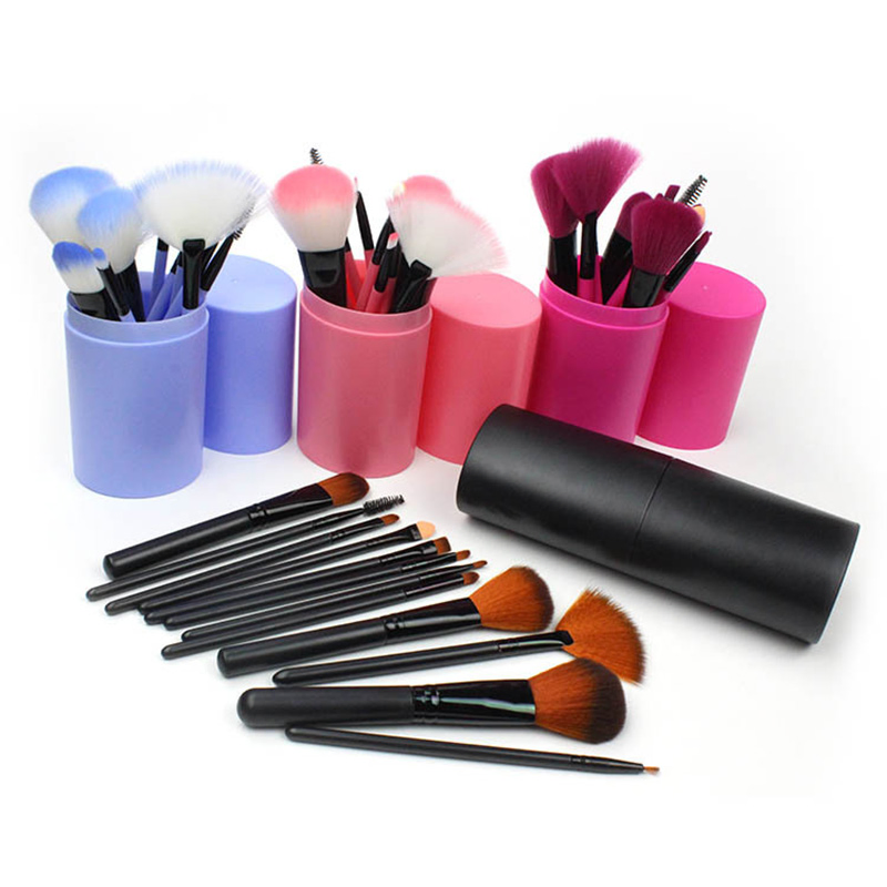 Beautichen 12PCS Makeup Brush Sets Handle Comb Brush Eyebrow Brush Cosmetic with Cylinder Box Plastic Synthetic Hair