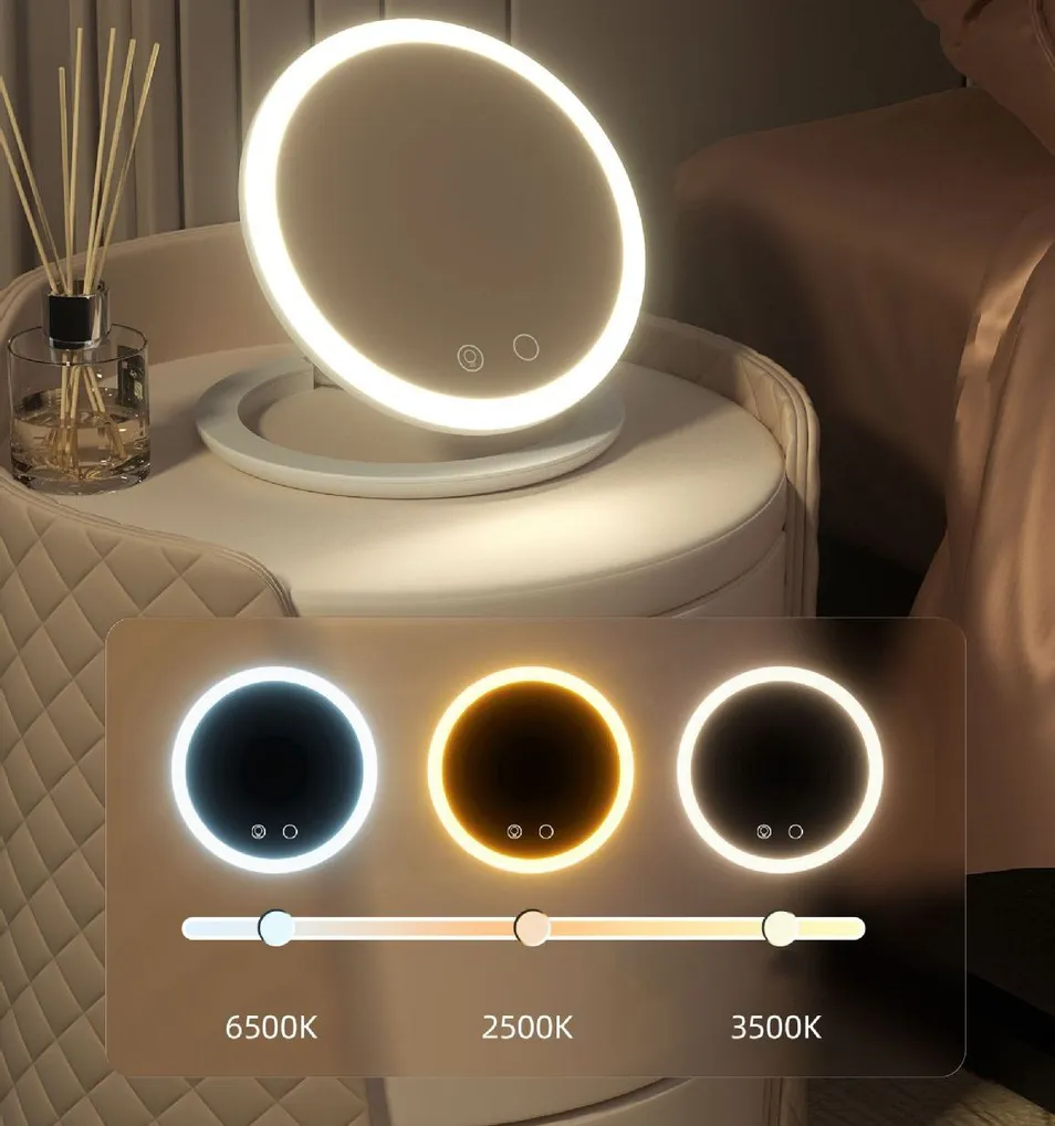 Hot-Sell Rotatable Foldable Travel LED Makeup Mirror - 3-Color Stepless Dimming, Magnetic Attachment, USB Rechargeable