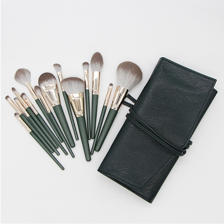 New High Quality 14PCS Green Synthetic Hair Fashion Foundation Eyebrow Eyelash Makeup Brushes Set Custom Logo